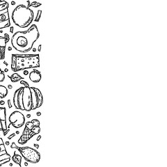 Drawn food background. Doodle food illustration with place for text