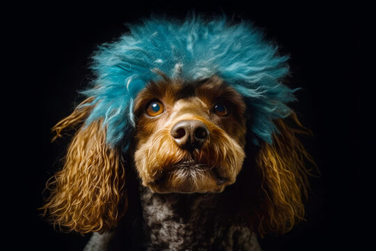 Dog with blue wig on it's head looking at the camera. Generative AI.