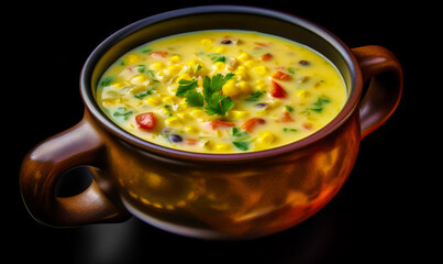 Close up of bowl of soup with corn and garnish. Generative AI.