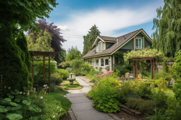 Fototapeta na wymiar Bright summer day in green garden of elegant suburban home. Generative ai