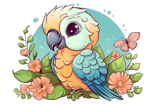 Cartoon bird sitting on branch with flowers and butterfly in the background. Generative AI.