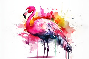 Pink flamingo standing in front of white background with splash of paint. Generative AI.