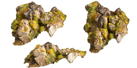 3d illustration of moss covered rocks, placed on moss shelf isolated on transparent background