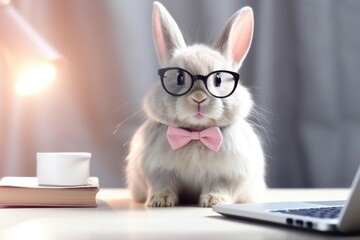 Cute bunny with eyeglasses and laptop. Concept of hardworking pet. Generative AI