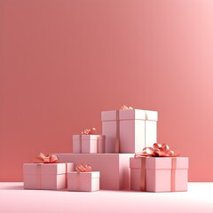 Minimal pink/terracotta background with pink gift wrapped boxes, stage for product design. Generative AI