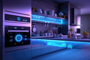 Kitchen with smart appliances with display screen and a smart oven with voice-controlled settings. Concept of Smart Home and Artificial Intelligence. Generative AI