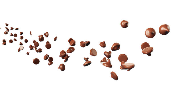 Delicious dark chocolate chips flowing in the air on isolated white background. Copy space 3d rendering 3d illustration