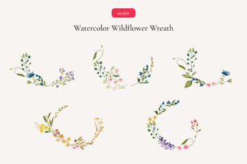 Watercolor wildflower wreath set. Vector botanical illustration. Delicate meadow flowers and leaves.