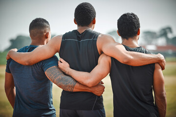 Back, group hug and athlete men with teamwork outdoor for running, sports or workout. Collaboration, hugging and rear view of people, friends and runners for fitness, support and exercise together.