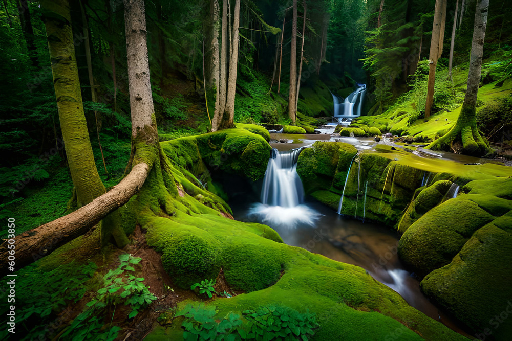 Wall mural waterfall in jungle, waterfall in the forest, green trees moss and flora in the forest