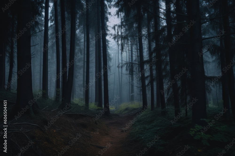 Poster a path in the middle of a dark forest. generative ai image.