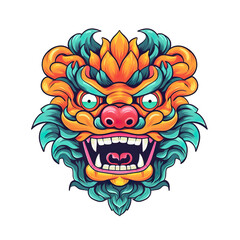 chinese lion dancing head, cartoon style, color, minimalist, isolated PNG background