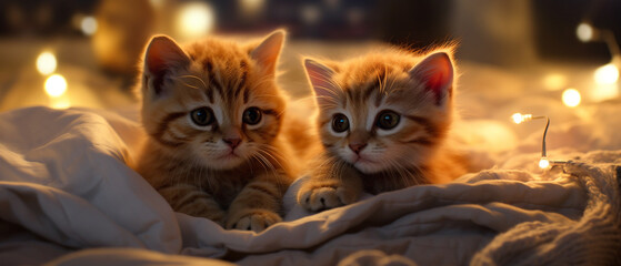 cute kittens on a blanket on bed at night, AI generative