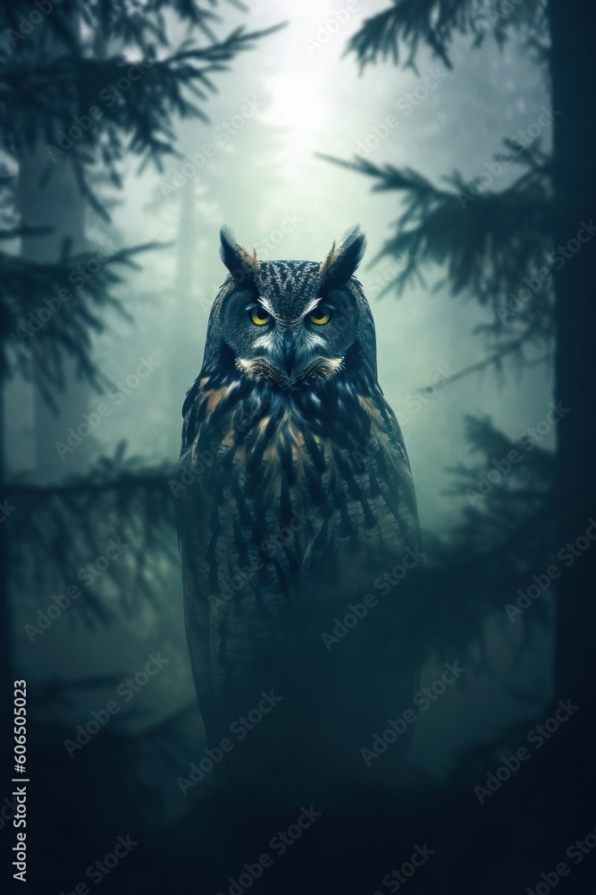 Poster an owl sitting in the middle of a forest. generative ai image.