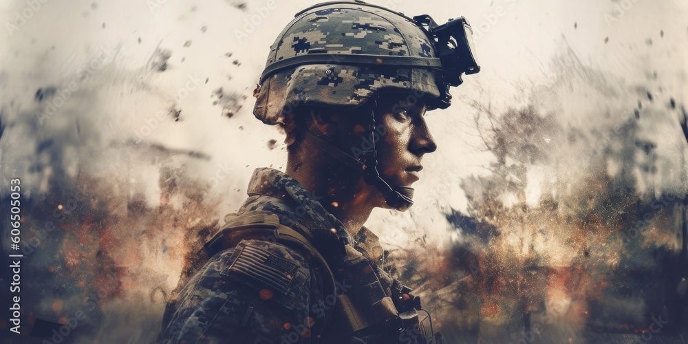 Poster a man in a military uniform with a helmet on. generative ai image.