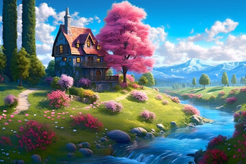 A beautiful fairy-tale house in a clearing with flowers against the blue sky. Generative AI.