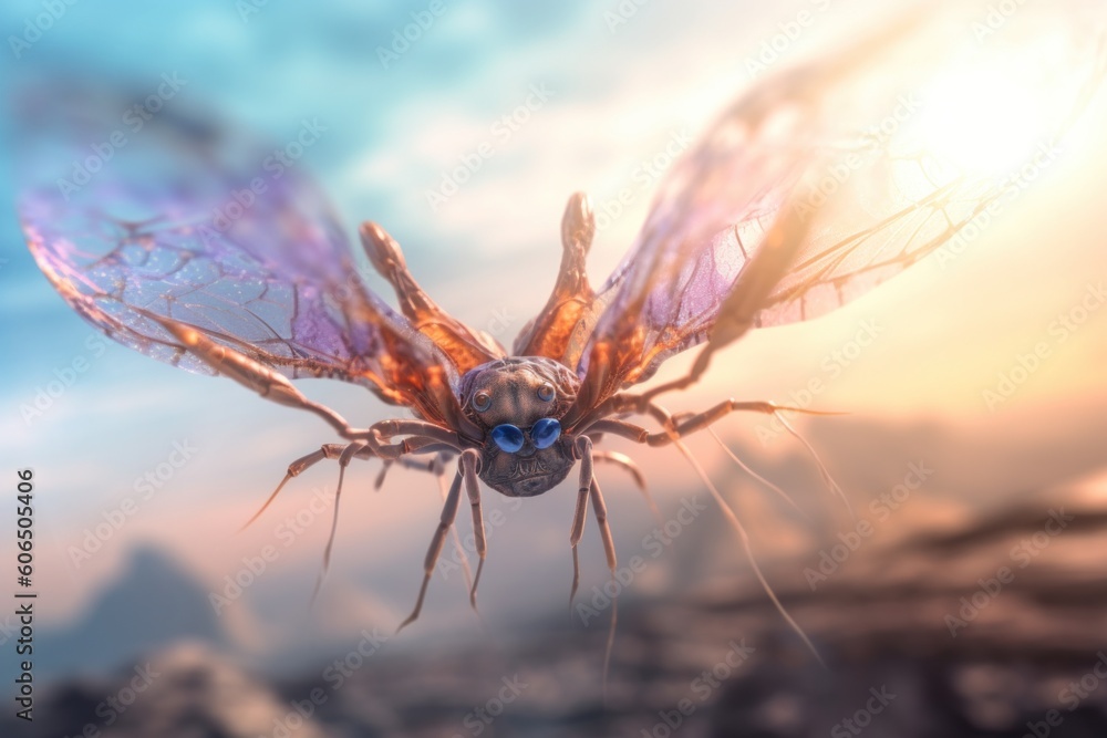 Poster a close up of a flying spider in the sky. generative ai image.