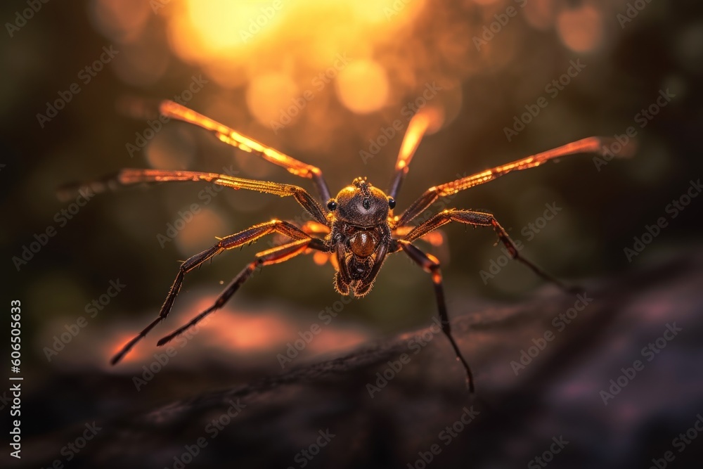 Poster a close up of a spider on a tree branch. generative ai image.