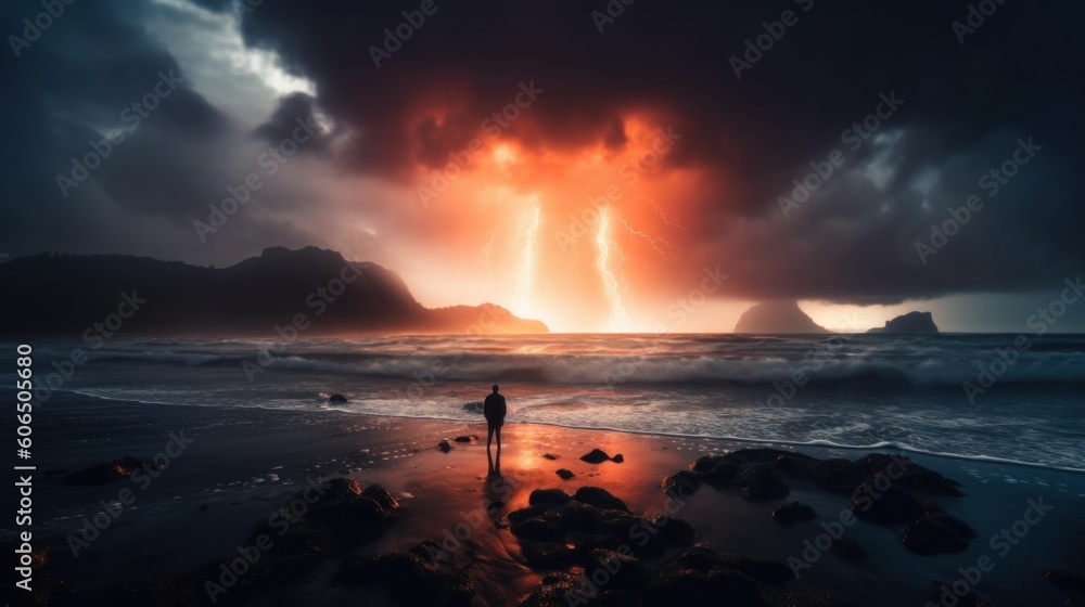 Poster a person standing on a beach under a cloudy sky. generative ai image.