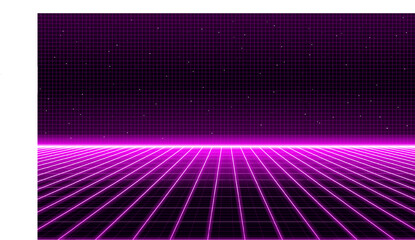 Synthwave wireframe net illustration. Abstract digital background. 80s, 90s Retro futurism, Retro wave cyber grid. Deep space surfaces. Neon lights glowing. Starry background. Vector 3D Rendering