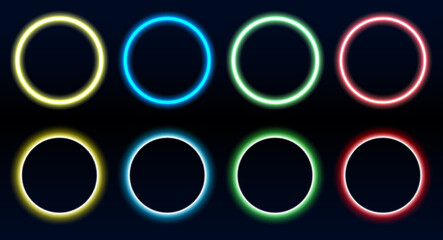 Set of 3d render, blue neon round frame, circle, ring shape, empty space, ultraviolet light, 80's retro style, fashion show stage, abstract background, illuminate frame design. Abstract cosmic vibrant