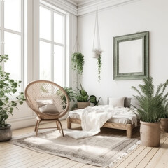 Bedroom interior design with Mock up poster frame on the wall with beautiful plants in different hipster and designer pots. Gardening at home. Generation AI
