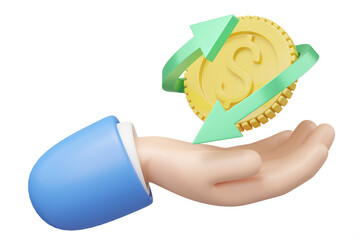 3D Arrow that circle coin float in hand isolated blue background. Business man hold money. Mobile banking, cashback, refund, loan concept. Saving money wealth. Cartoon elements icon. 3d rendering.