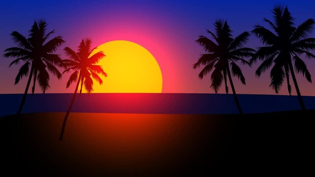 sunset on the beach with the ocean in the background and the sun going down. When the sun goes down, the stars come out. Palm trees in the foreground