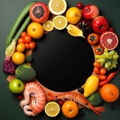 Round rainbow colored composition with black empty paper and fresh seafood with vegetables arrangement. AI generative illustration.