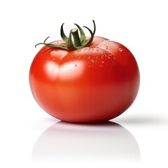 Red single realistic shiny tomato on white background. AI generative illustration.