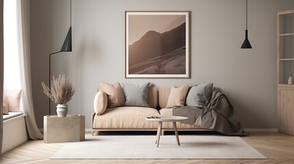 Bohemian InteriorBohemian Interior Design Style living room in pastel colors mock-up with frame for picture Design Style living room in pastel colors mock-up with frame for picture generative ai