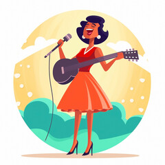 Female singer on the stage with microphone in hands. Karaoke singer, female cartoon character performing song on stage. Flat cartoon colorful illustration.