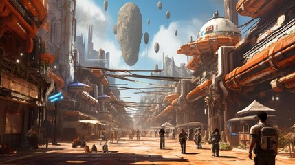 Conceptualize a fusion of sci - fi and Western genres, with futuristic technology, space cowboys, and a frontier town on an alien planet