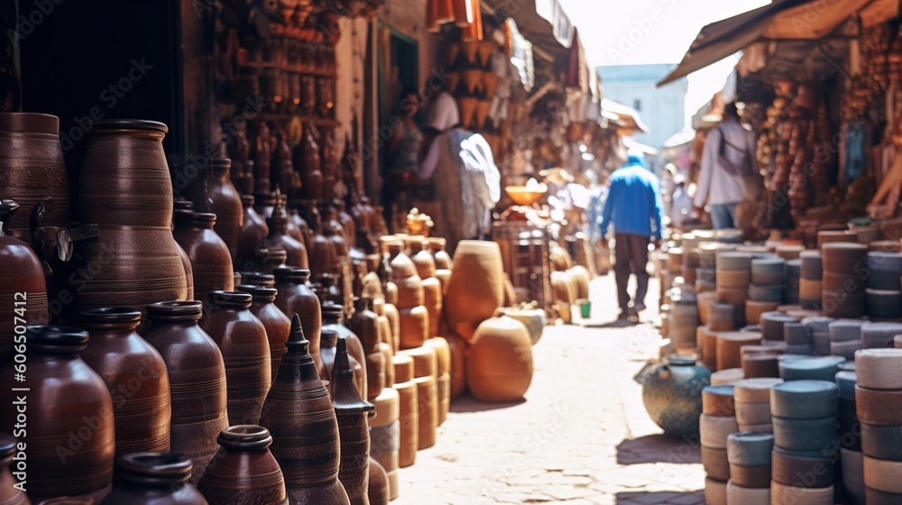 Poster a man walking down a street lined with lots of vases on display in front of a store front with peopl