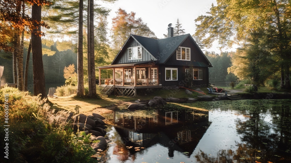Aufkleber a house sitting on top of a lush green forest next to a lake in front of a forest filled with trees 