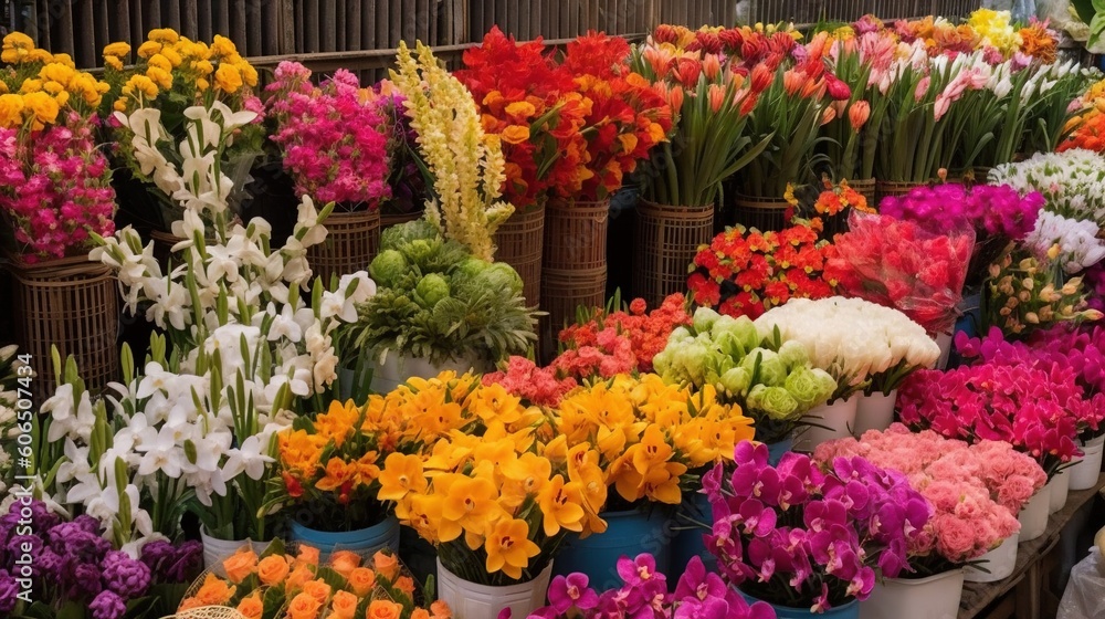 Poster a bunch of flowers that are sitting in a bunch of buckets on a table in front of a wall with a baske
