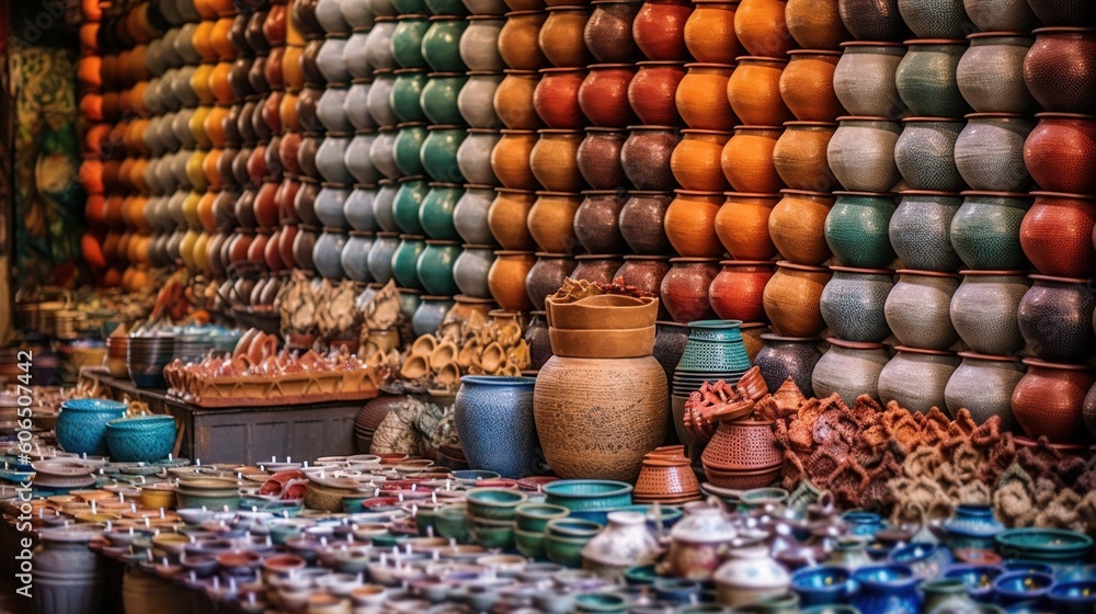 Poster a large display of pottery in a store filled with lots of different colors and sizes of pots and bow