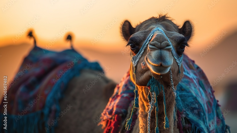 Poster a close up of a camel with a blanket on it's back and a sunset in the back ground behind it, with mo