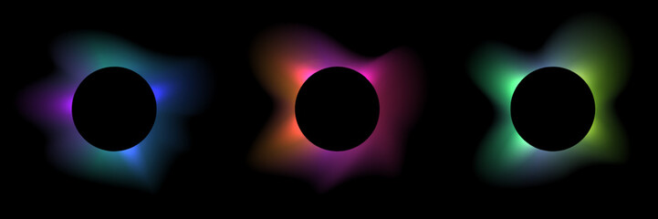 Circle banner with gradient isolated on black background. Vector set. Fluid vivid gradients for banners, brochures, covers. Abstract liquid shapes. Colorful bright neon template. Dynamic soft color.