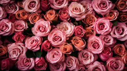 Obraz na płótnie Canvas Pink roses flat lay wallpaper. AI