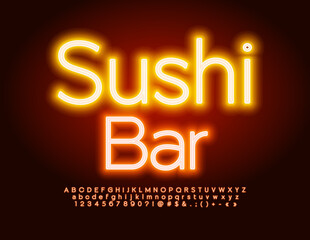 Fototapeta na wymiar Vector glowing Banner Sushi Bar. Bright Electric Font. Modern Neon Alphabet Letters and Numbers set