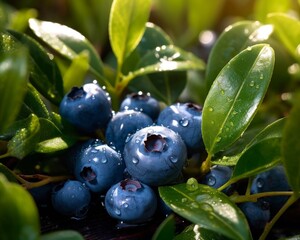 blueberries glistening in a sunbeam scattered amongst green leaves