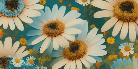 Chamomile flowers in nature close-up, vintage style.