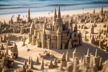 A group of sandcastles arranged in a grand sand kingdom, forming a miniature city on the beach - Generative AI