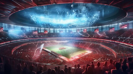 Conceptualize a high - energy, futuristic sports competition with advanced technology, gravity - defying arenas, and intense athletic feats