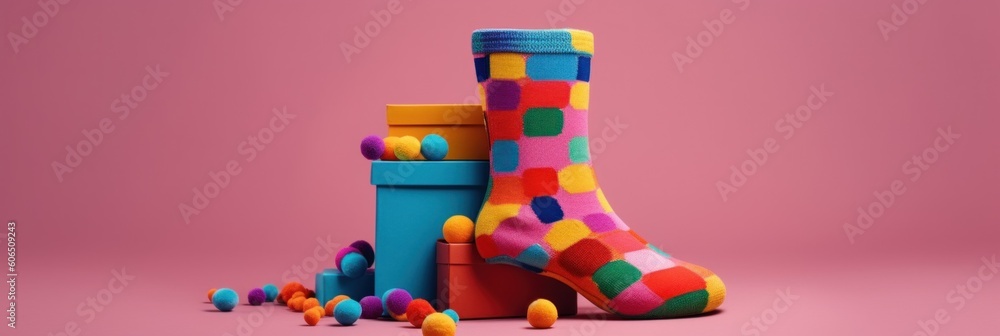 Aufkleber a pair of colorful socks sitting next to a bucket of candy. generative ai image.