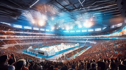 Conceptualize a high - energy, futuristic sports competition with advanced technology, gravity - defying arenas, and intense athletic feats
