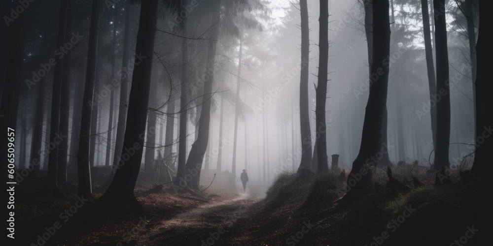 Poster a person standing in the middle of a forest. generative ai image.