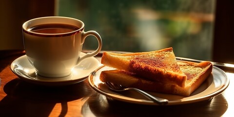 baked kaya toast with a cup of coffee on the table - obrazy, fototapety, plakaty