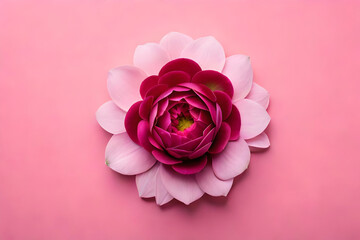 Top view, Red peony head on light pink background, flat lay